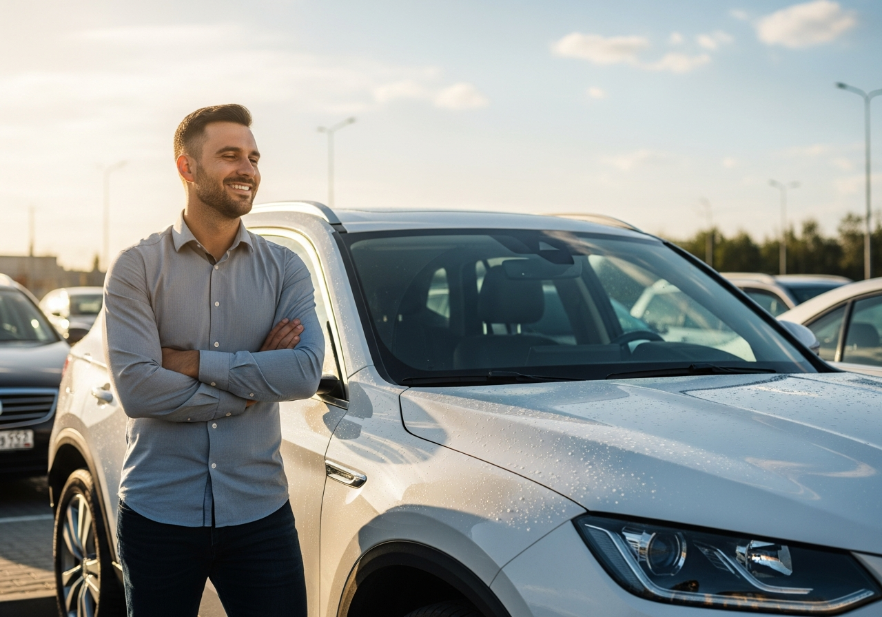 Satisfied customer admiring freshly washed SUV