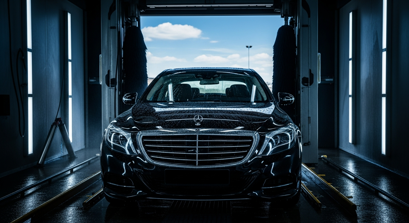 Gleaming clean car exiting NXT LVL Car Wash